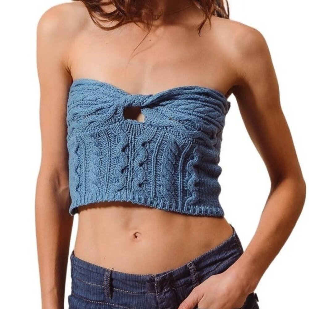 Stella Carlsbad Cable Knit Twist-Front Tube Top - Blue - Size Small